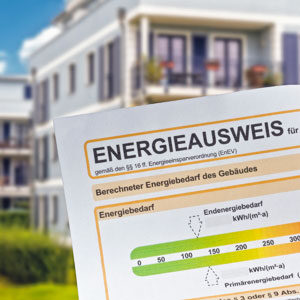 Auszug Energieausweis vor Haus